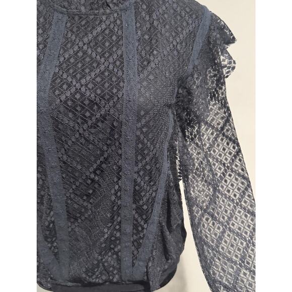 Free People Blouse Womens Small Black Lace Sheer Ruffle High Neck Long Sleeve - Picture 2 of 8